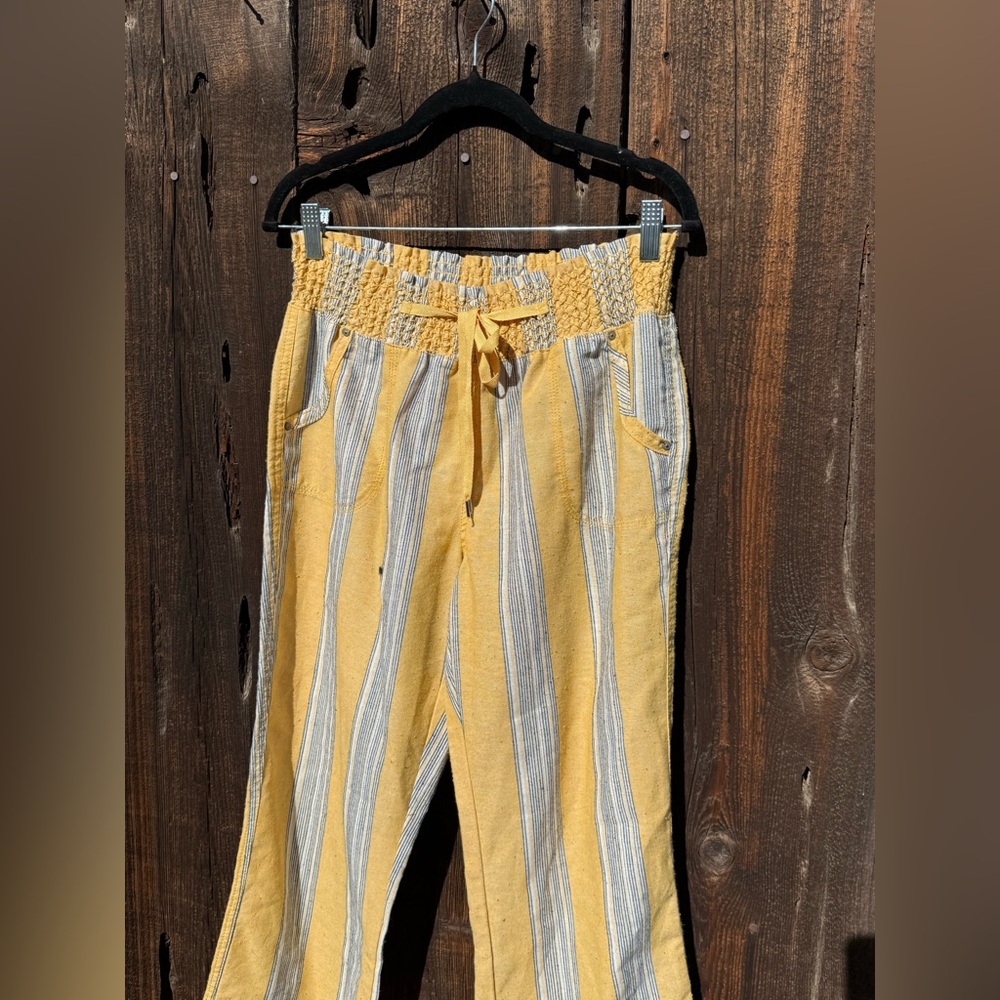 Ci Sono Yellow White & Gray Striped Casual Beachy Pants with Smocked Waist